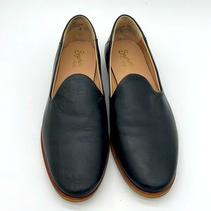 Seychelles Ruby Black Textured Faux Suede Gold Accent Pointed Loafer Flats